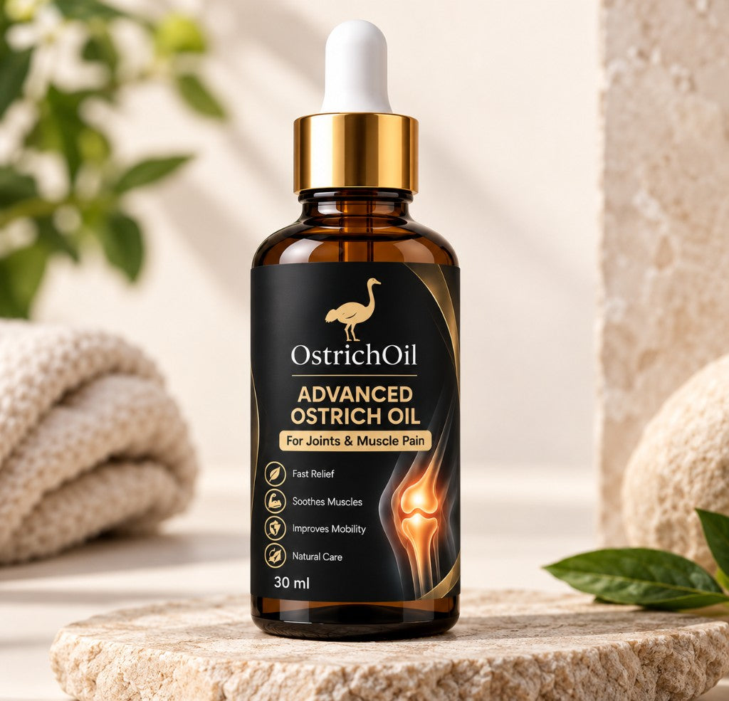 English label — Advanced Ostrich Oil 30 ml for joint and muscle pain